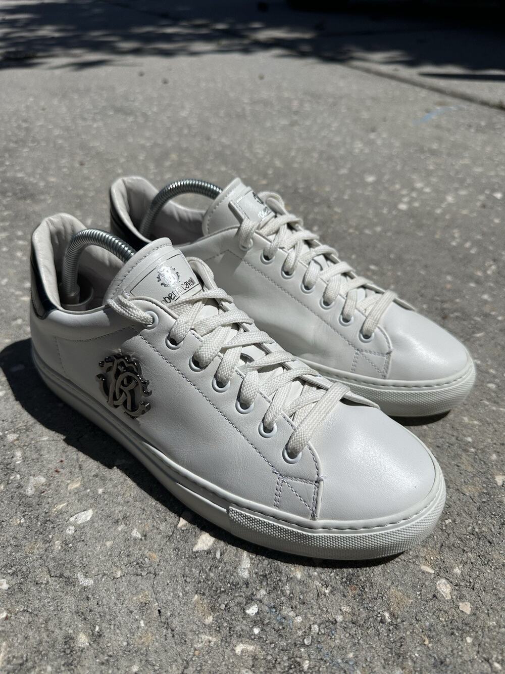 ROBERTO CAVALLI WHITE LEATHER MADE IN ITALY LOW-TOP MEN'S SNEAKERS size 8.5